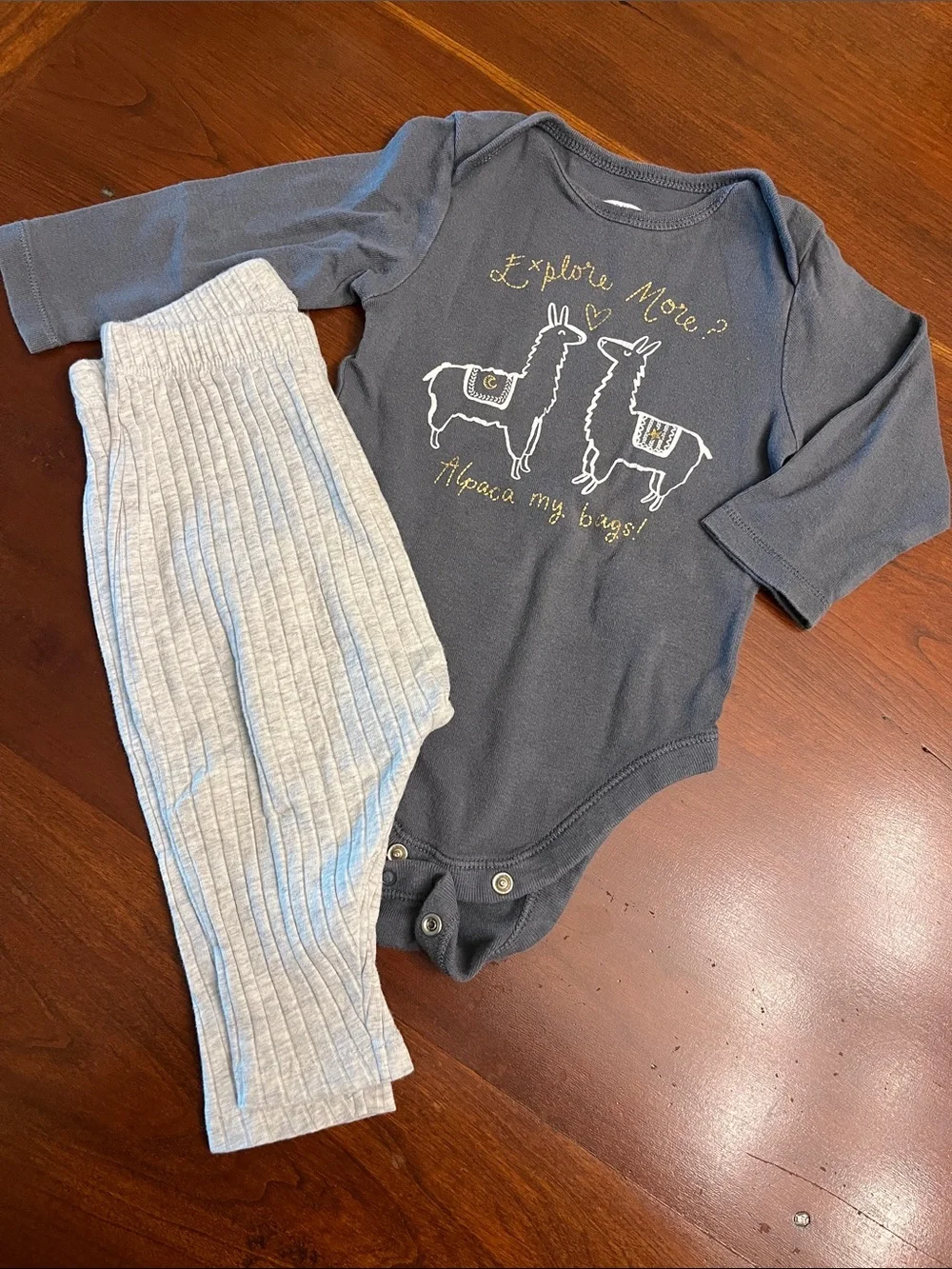 Old Navy Navy Blue Llama Graphic Bodysuit with Light Gray Ribbed Pants